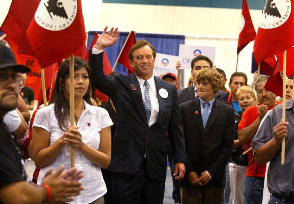 Robert F. Kennedy is greeted upon his arrival at the United Farm Workers 2008 convention in Fresno. Fresno Bee file photo