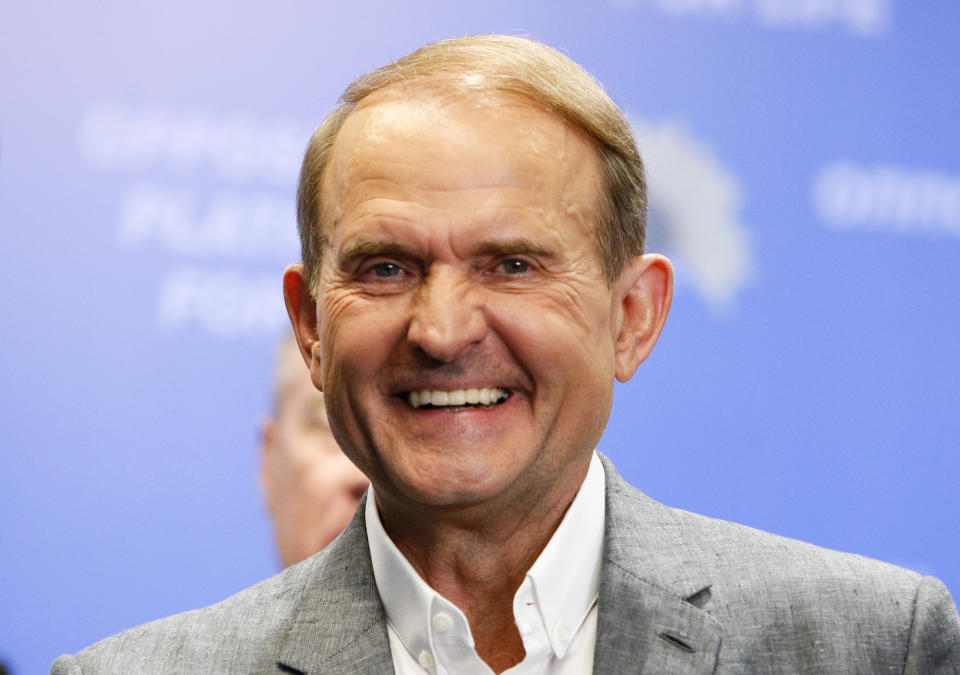 Ukrainian tycoon and one of the leaders of the 'Opposition Platform-For Life' political party Viktor Medvedchuk reacts while speaking at his headquarters after the parliamentary election in Kiev, Ukraine, Sunday, July 21, 2019. (AP Photo/Efrem Lukatsky)