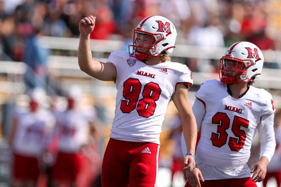 KENT, OH - SEPTEMBER 30: Miami RedHawks placekicker Graham Nicholson (98) kicks a 40-yard field goal during the first quarter of the college football game between the Miami (OH) RedHawks and and Kent State Golden Flashes on September 30, 2023, at Dix Stadium in Kent, OH.  (Photo by Frank Jansky/Icon Sportswire via Getty Images)