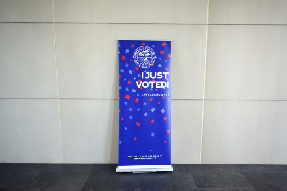 A selfie station for photos is shown for the Michigan primary election in Grosse Pointe Farms, Mich., Tuesday, Feb. 27, 2024. Michigan is the last major primary state before Super Tuesday and a critical swing state in November's general election. (AP Photo/Paul Sancya)