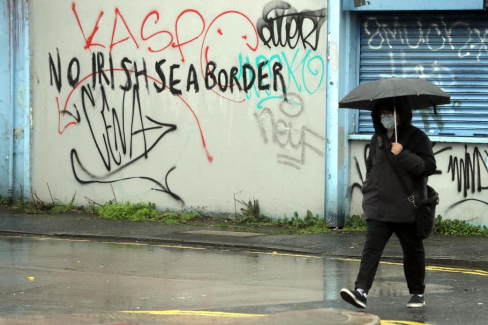 Graffiti reading ‘No Irish Sea border’ Stroud Street in Belfast (Brian Lawless/PA) (PA Archive)