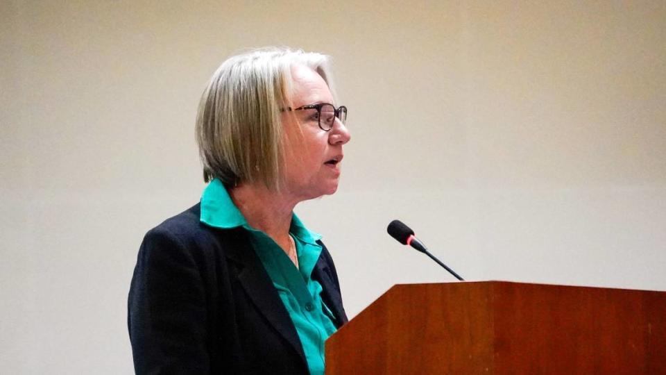 Nipomo Action Committee organizer Alison Martinez speaks during public comment Tuesday, April 23, 2024. The Dana Reserve project would add around 1,470 homes to a 288-acre plot of land in Nipomo. John Lynch/jlynch@thetribunenews.com