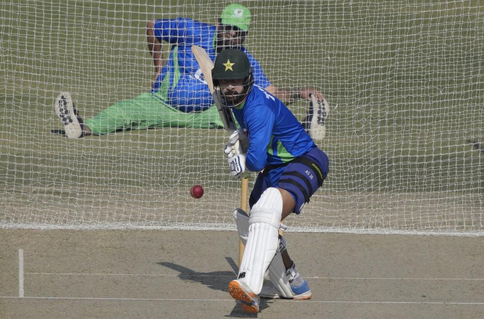 Pakistan's Abdullah Shafique bats during a training session, in Karachi, Pakistan, Saturday, Dec. 24, 2022. (AP Photo/Fareed Khan)