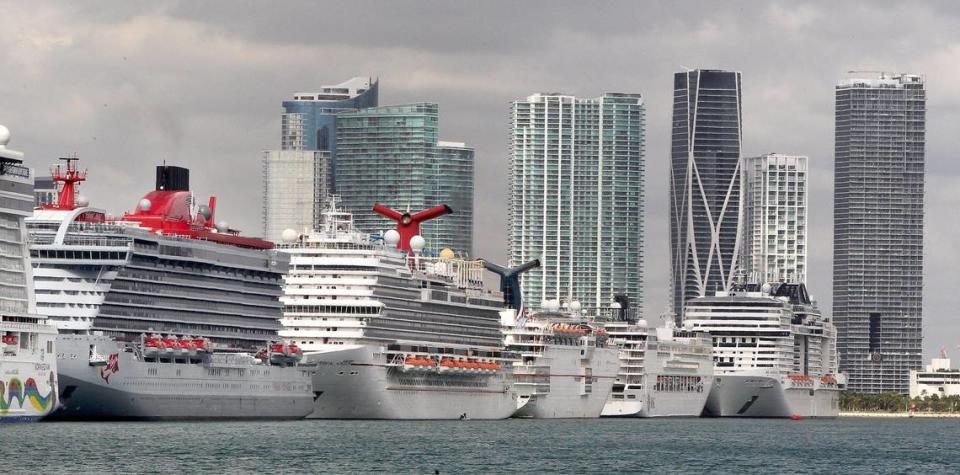 Cruise ships line up at PortMiami on Tuesday, March 17, 2020, amid the COVID-19 pandemic.