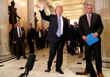 U.S. President Donald Trump departs after speaking briefly to the news media from a closed House Republican Conference meeting with House Majority Leader Kevin McCarthy (R-CA) at the U.S. Capitol in Washington, D.C., U.S., June 19, 2018. REUTERS/Leah Millis