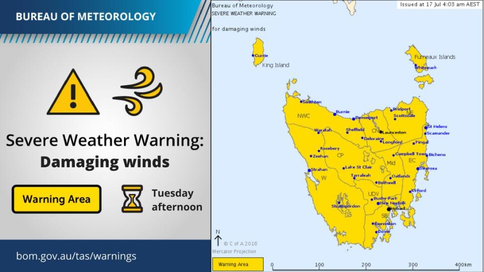 Damaging winds are forecast for Tasmania, with a strong northwesterly front tipped for Wednesday afternoon. Source: Bureau of MeteorologyYahoo7 and