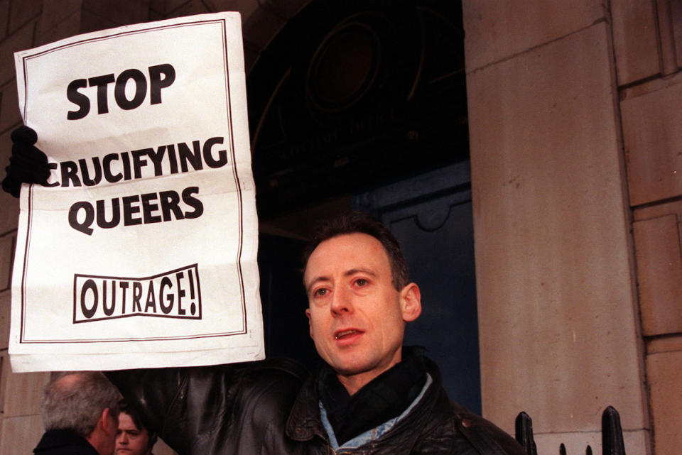 Peter Tatchell campaigns outside the Scotland Office at Dover House, London: PA