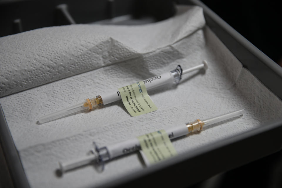 ANKARA, TURKEY - OCTOBER 27: Injection syringe of the phase 3 vaccine trial, developed against the novel coronavirus (COVID-19) pandemic by the U.S. Pfizer and German BioNTech company, are seen at the Ankara University Ibni Sina Hospital in Ankara, Turkey on October 27, 2020. This vaccine candidate, within the scope of phase 3 studies, was injected to volunteers in Ankara University Ibni Sina Hospital. (Photo by Dogukan Keskinkilic/Anadolu Agency via Getty Images)