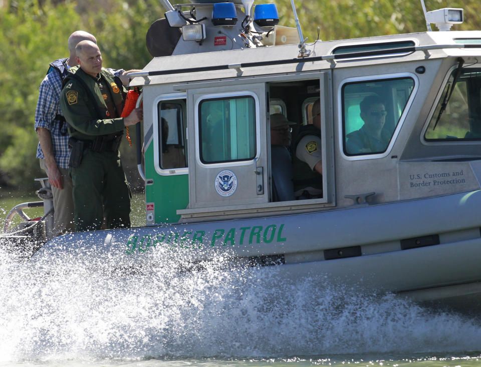 A U.S. Customs and Border Protection boat carrying U.S. Speaker of the House Paul Ryan travels down the Rio Grande Wednesday, Feb. 22, 2017 south of Mission, Texas. Ryan and Rep. Michael McCaul, R-Texas, toured the Texas border with Mexico by air and boat, as well as U.S. Border Patrol facilities in the area. (Nathan Lambrecht/The Monitor via AP)