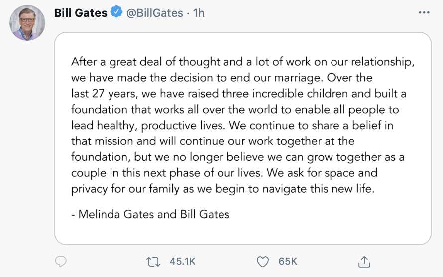 Tweet posted by Bill Gates Monday, May 3, 2021