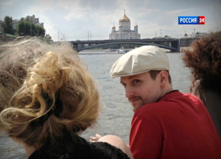 One of the only photos featuring Snowden in Moscow, taken in the fall of 2013 while he rode a boat passing the Cathedral of Christ the Saviour. (Photo: LifeNews/Rossiya24)