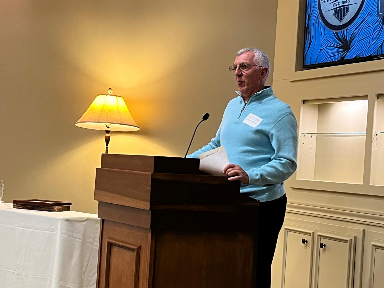 Dennison Mayor Greg DiDonato speaks at the Heroes of Preservation and History ceremony Thursday at the Geib Funeral Center in Dover.