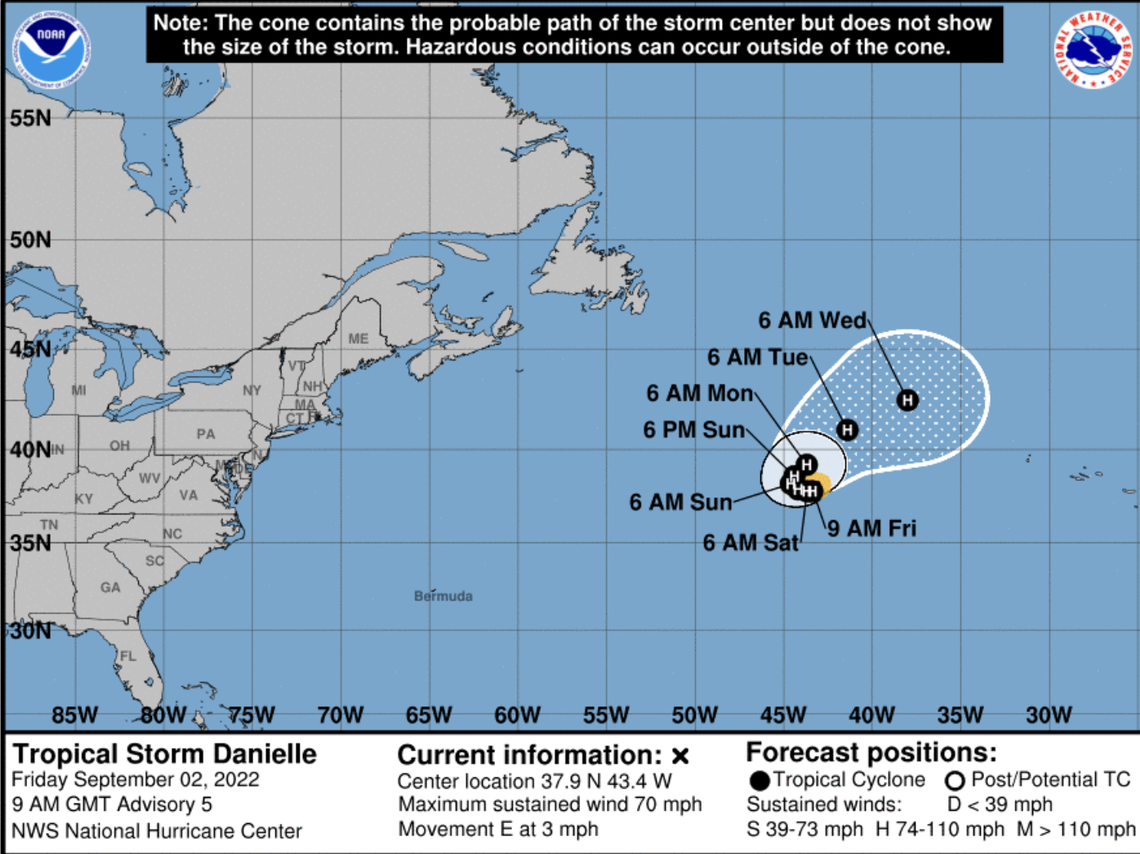 Tropical Storm Danielle is getting stronger and is expected to become the first hurricane of the season sometime Friday, forecasters said.