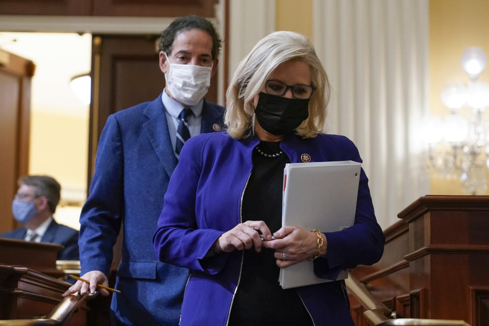 Rep. Liz Cheney, R-Wyo., and Rep. Jamie Raskin, D-Md., arrive as the House select committee tasked with investigating the Jan. 6 attack on the U.S. Capitol meets to hold Steve Bannon, one of former President Donald Trump's allies in contempt, on Capitol Hill in Washington, Tuesday, Oct. 19, 2021. (AP Photo/J. Scott Applewhite)