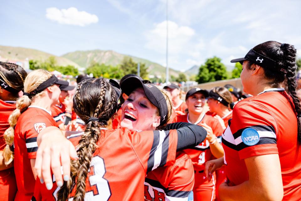 Utah celebrates after winning the NCAA softball Super Regional between Utah and San Diego State at Dumke Family Softball Stadium in Salt Lake City on Sunday, May 28, 2023. | Ryan Sun, Deseret News