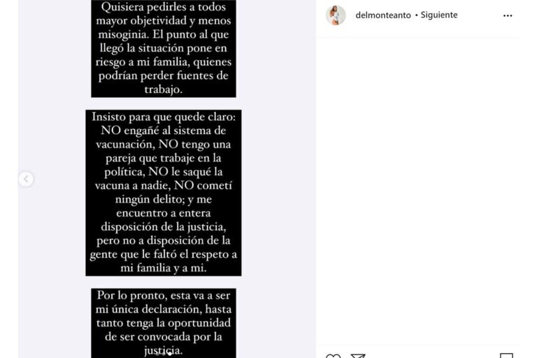 La modelo insistió en que "no engañó al sistema" y que no tiene pareja que trabaje en la política y que "no le sacó la vacuna a nadie"