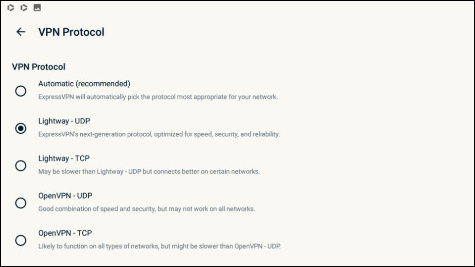 Screenshot of ExpressVPN's Android Protocols