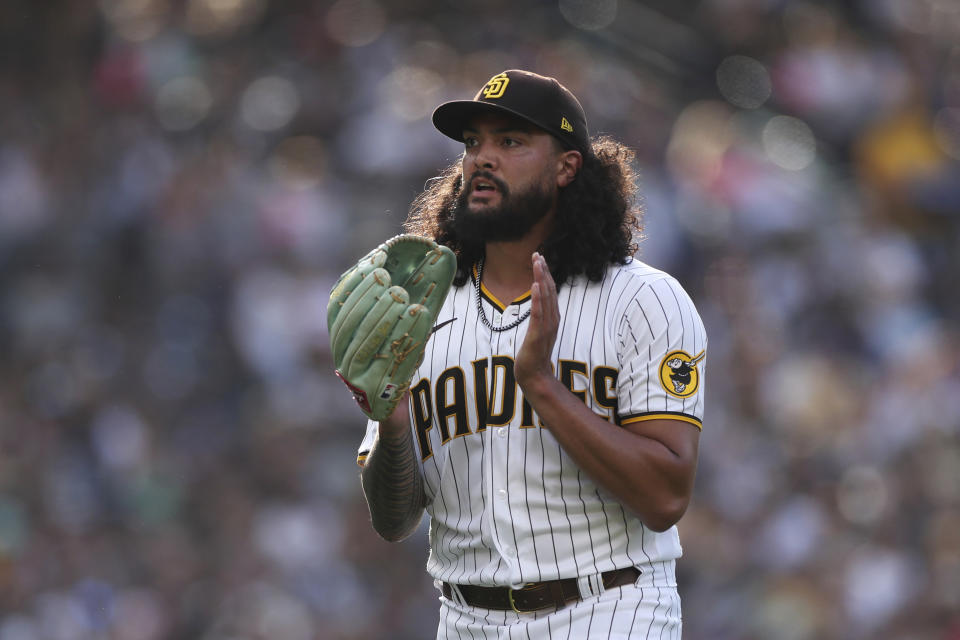 San Diego Padres' Sean Manaea reacts after an out by the Arizona Diamondbacks during the third inning of a baseball game Saturday, July 16, 2022, in San Diego. (AP Photo/Derrick Tuskan)