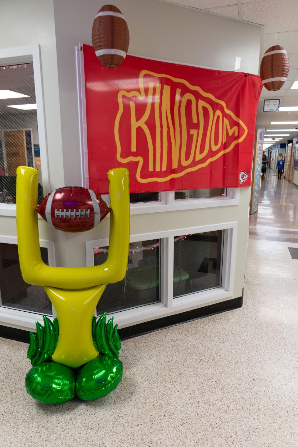 Chiefs and football-themed decorations are seen in the halls at McClure Elementary this week as the school celebrates a weeklong spirit week leading up to the Super Bowl.