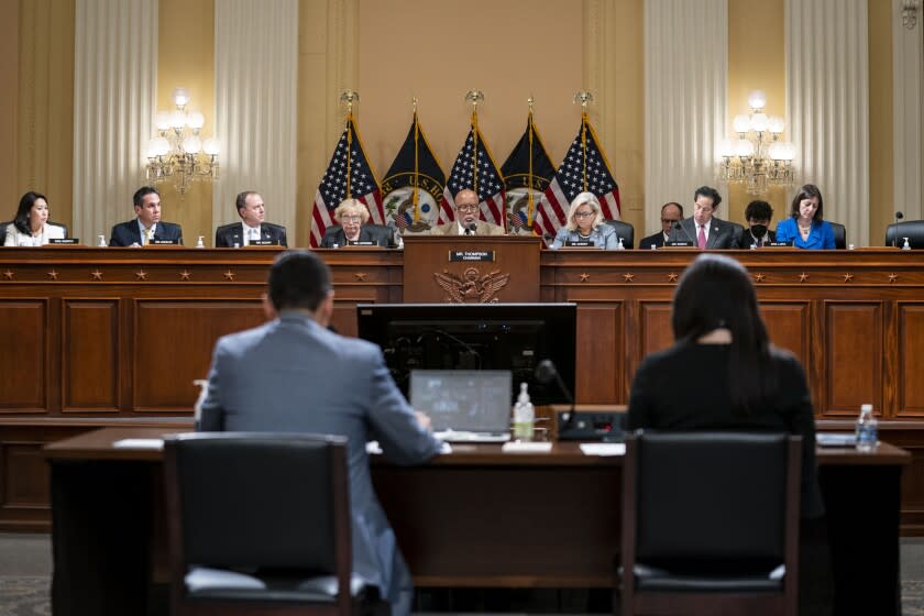 WASHINGTON, DC - MARCH 28: Chairman Rep. Bennie Thompson (D-MS) delivers remarks during a Select Committee to Investigate the January 6th Attack on the U.S. Capitol committee business meeting on Capitol Hill onMonday, March 28, 2022 in Washington, DC. The committee met to consider a vote to recommend contempt of Congress charges for Dan Scavino, former President Donald Trump's deputy chief of staff for communications, and Peter Navarro, former President Trump's trade advisor, for refusing to cooperate with subpoenas from the committee as part of their investigation into the January 6, 2021 insurrection. (Kent Nishimura / Los Angeles Times)