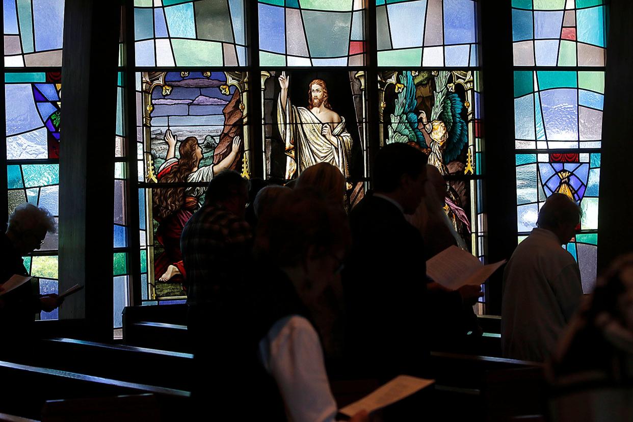 The Resurrection stained glass window is seen at the Ashland Ministerial Association's Community Good Friday service in 2022.