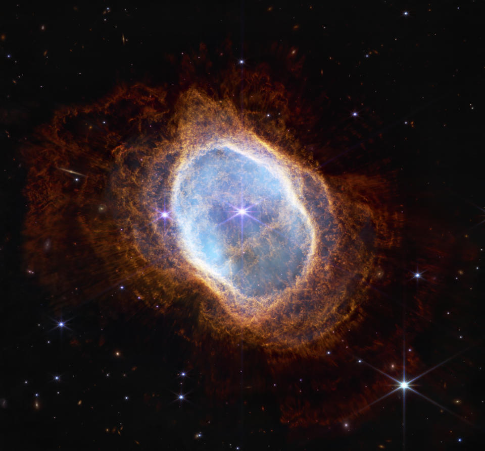 This image released by NASA on Tuesday, July 12, 2022, shows the bright star at the center of NGC 3132, the Southern Ring Nebula, for the first time in near-infrared light. (NASA, ESA, CSA, STScI via AP)