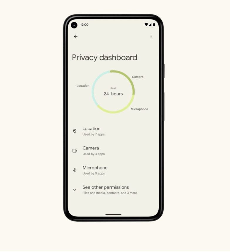 The Privacy Dashboard feature, part of Android 12,  a revision of Google’s mobile operating system due later this year.