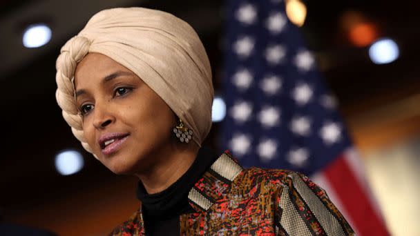 PHOTO: Rep. Ilhan Omar (D-MN) speaks at a press conference on committee assignments for the 118th U.S. Congress, at the Capitol Building on Jan. 25, 2023 in Washington, DC. (Kevin Dietsch/Getty Images)