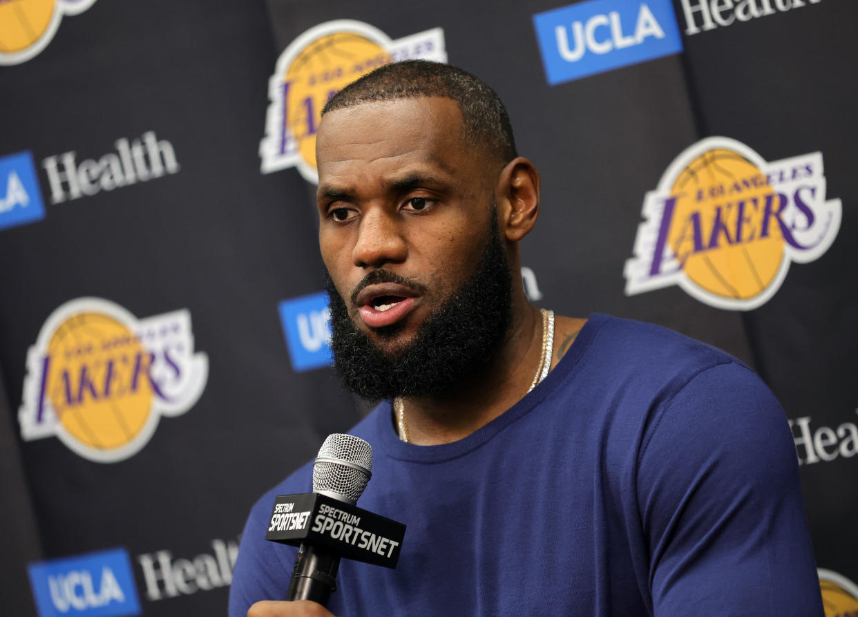 LAS VEGAS, NEVADA - OCTOBER 05: LeBron James #6 of the Los Angeles Lakers speaks during a news conference after a preseason game against the Phoenix Suns at T-Mobile Arena on October 05, 2022 in Las Vegas, Nevada. The Suns defeated the Lakers 119-115. NOTE TO USER: User expressly acknowledges and agrees that, by downloading and or using this photograph, User is consenting to the terms and conditions of the Getty Images License Agreement. (Photo by Ethan Miller/Getty Images)