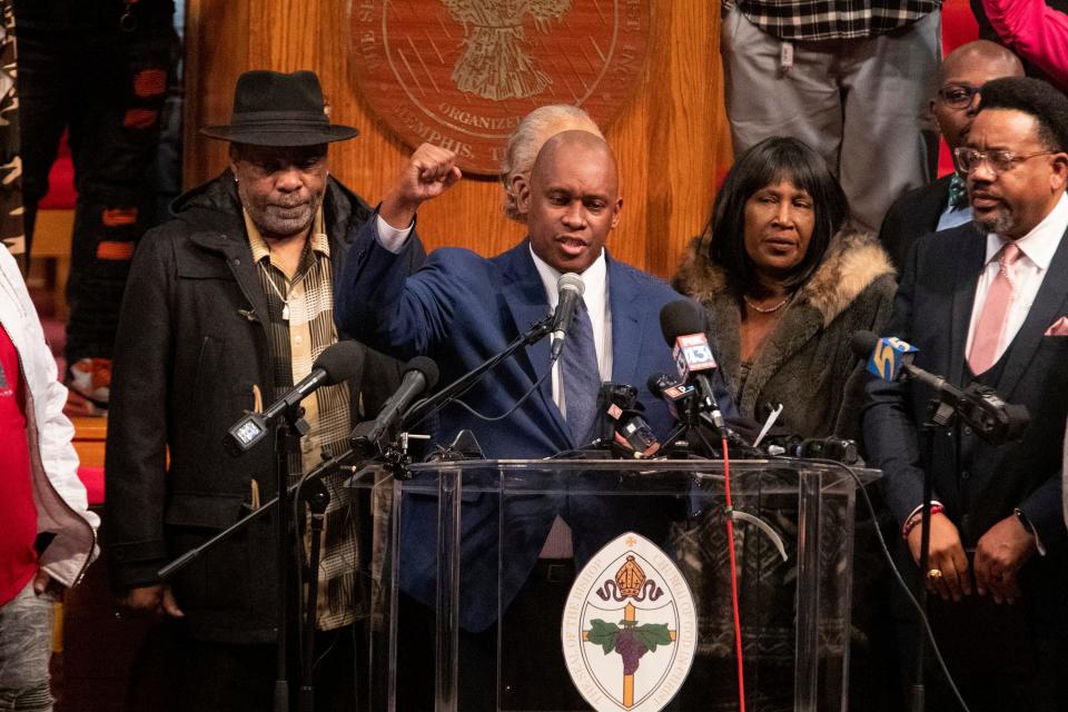 Van Turner, president of the Memphis Branch of the NAACP, raises his fist in the air while chanting “justice for Tyre” during a press conference at the Historic Mason Temple on Tuesday, January 31, 2023.