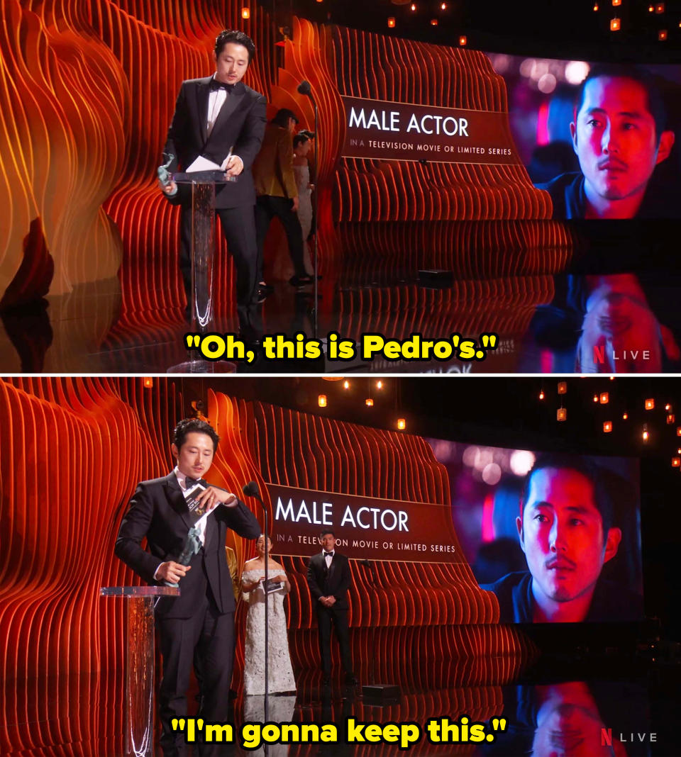 Steven Yeun onstage at the SAG Awards