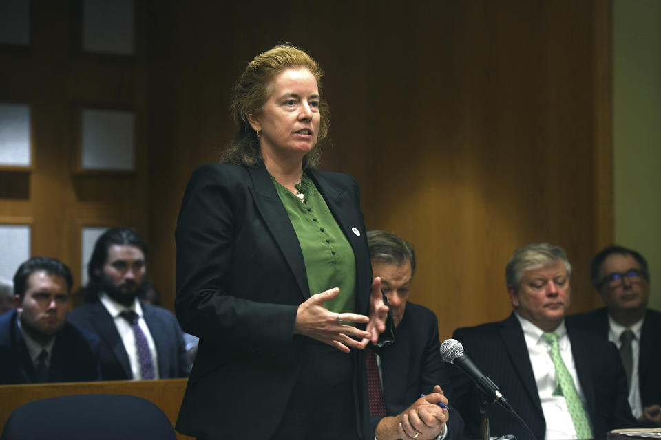 Attorney Maura Bridget Murphy-Osborne, representing Secretary of State Stephanie Thomas, speaks during a hearing in Bridgeport Superior Court in Bridgeport, Conn., Monday, Sept. 25, 2023. (Ned Gerard/Hearst Connecticut Media via AP, Pool)