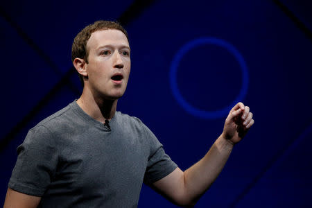 FILE PHOTO: Facebook Founder and CEO Mark Zuckerberg speaks on stage during the annual Facebook F8 developers conference in San Jose, California, U.S., April 18, 2017. REUTERS/Stephen Lam/File Photo