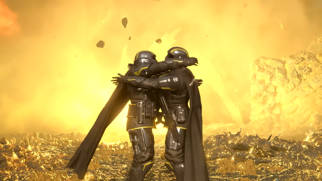  Helldivers 2 two characters hugging as an explosion detonates in the background. 