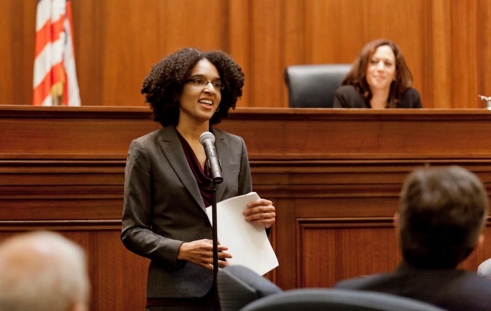 FILE - In this Dec. 22, 2014 file photo Leondra Kruger addresses the Commission of Judicial Appointments during her confirmation hearing to the California Supreme Court in San Francisco. Kruger is considered a leading candidate to be President Joe Biden's first nomination to the U.S. Supreme Court.  (AP Photo/S. Todd Rogers, Pool, File)