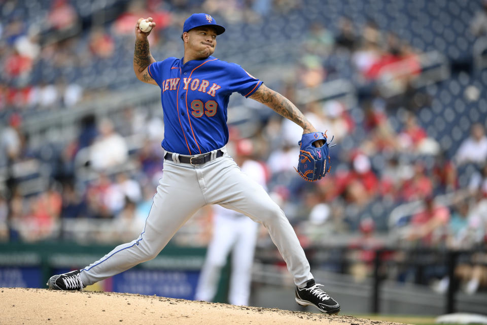 New York Mets starting pitcher Taijuan Walker delivers during the second inning of a baseball game against the Washington Nationals, Sunday, Sept. 5, 2021, in Washington. (AP Photo/Nick Wass)