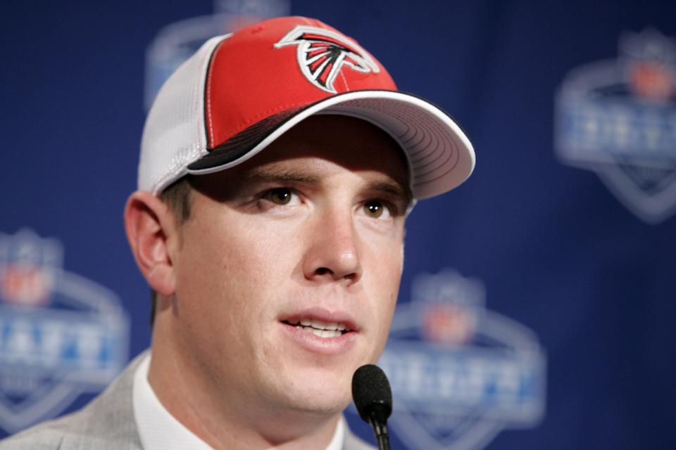 <p>Matt Ryan speaks at a news conference after being selected third overall by the Atlanta Falcons during the first round of the NFL football draft Saturday, April 26, 2008, at Radio City Music Hall in New York. (AP Photo/Frank Franklin II)</p>