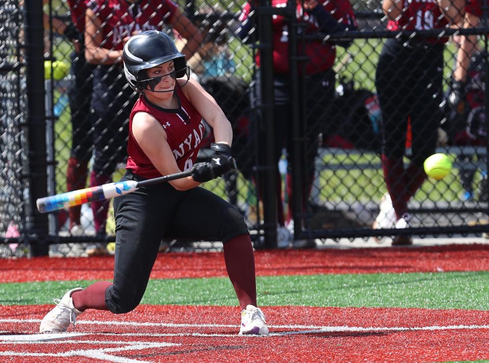 Nyack's Bella Policastro (6) connects on a bases loaded triple against Suffern during the Rockland County Challenge at Haverstraw Sports Complex in Garnerville Field April 20, 2024.
