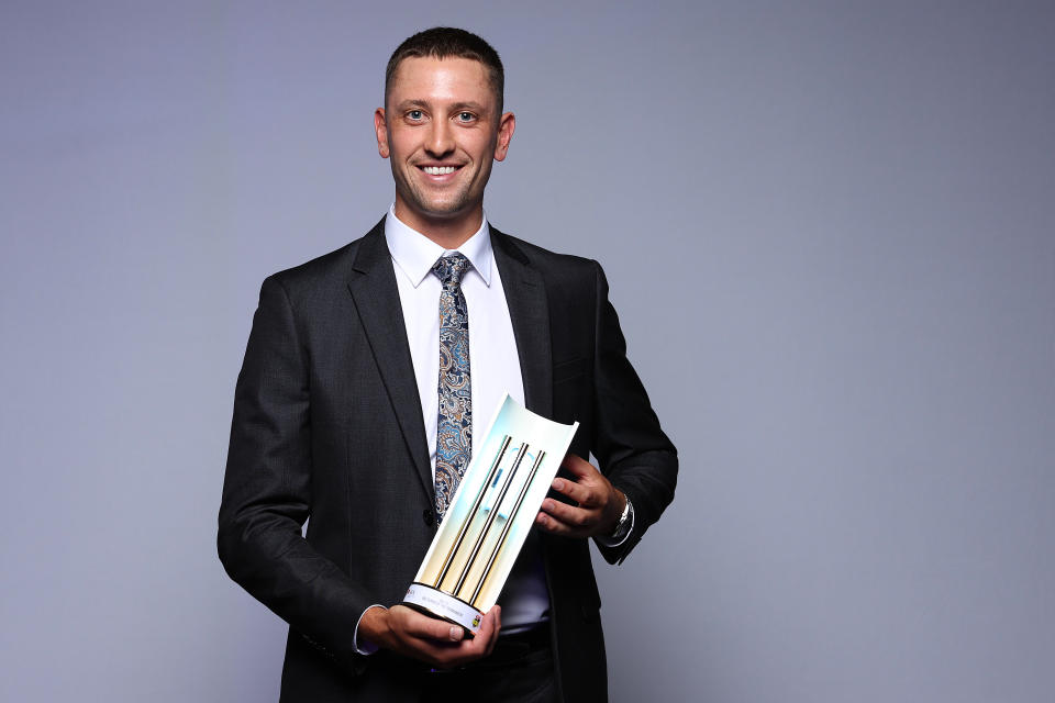 Matt Short, pictured here with his award at the Australian Cricket Awards.