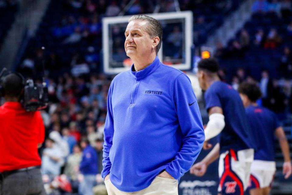 Kentucky head coach John Calipari watches the team warm up before facing Mississippi in Oxford on Tuesday.
