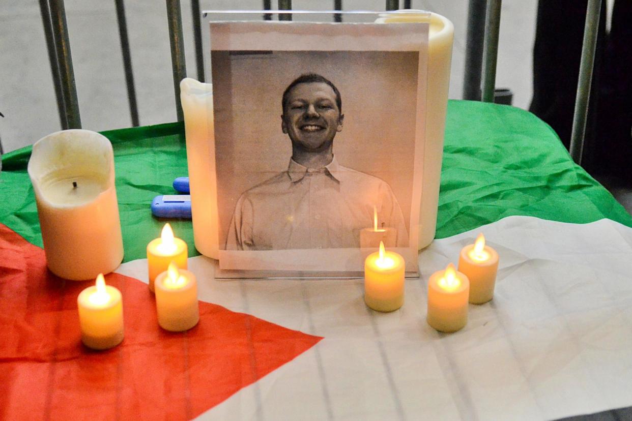 <span>A memorial for Aaron Bushnell in Chicago on Thursday.</span><span>Photograph: Jacek Boczarski/Anadolu via Getty Images</span>