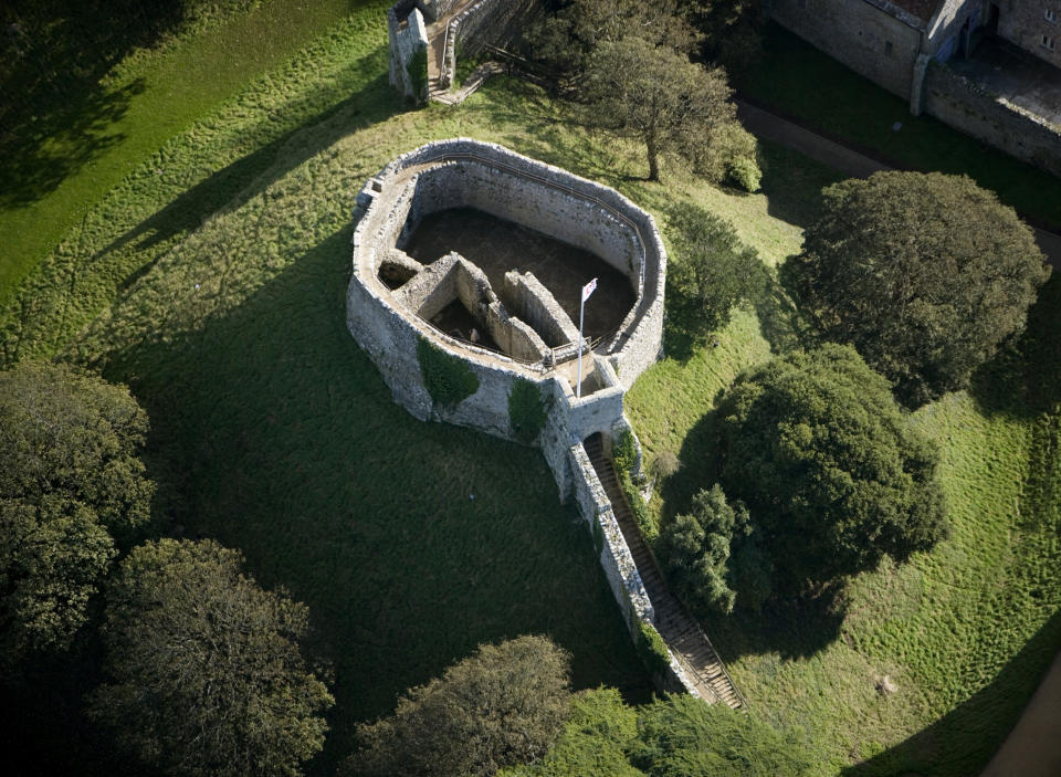 Carisbrooke Castle, Isle of Wight. Aerial view of the motte and keep. King Charles I was imprisoned in the castle for fourteen months before his trial and execution in 1649. Artist Historic England Staff Photographer. (Photo by English Heritage/Heritage Images/Getty Images)