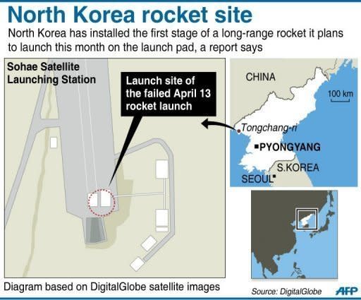 Graphic showing the Sohae Satellite Launch Station in North Korea. North Korea has installed the first stage of a long-range rocket it plans to launch this month on the launch pad, a report said Monday