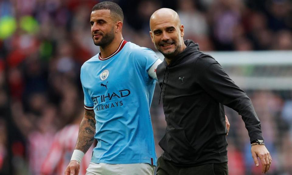 Kyle Walker and Jack Grealish after Manchester City have beaten Sheffield United in the FA Cup semi-final