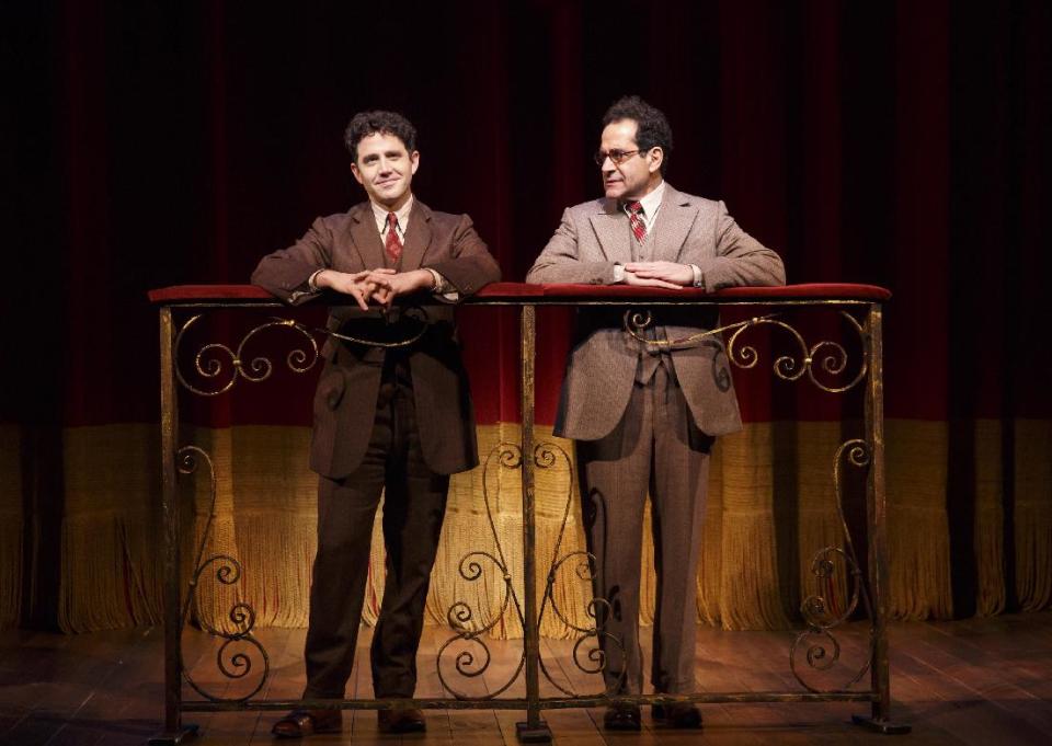 This image released by Lincoln Center Theater shows Santino Fontana, left, and Tony Shalhoub in a scene from "Act One," at the Vivian Beaumont Theater in New York. (AP Photo/Lincoln Center Theater, Joan Marcus)