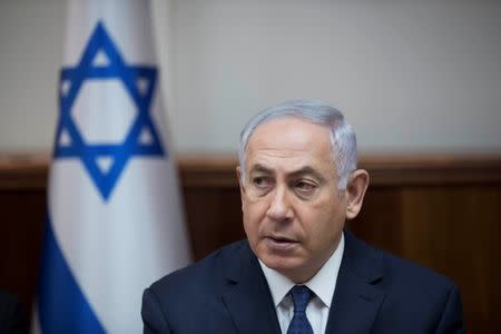 Israeli Prime Minister Benjamin Netanyahu attends the weekly cabinet meeting at his office in Jerusalem July 23, 2017. REUTERS/Abir Sultan/Pool