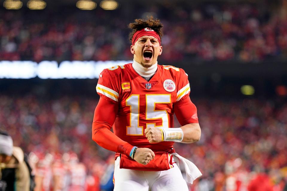 Kansas City Chiefs quarterback Patrick Mahomes (15) reacts before the AFC Championship game between the Kansas City Chiefs and the Cincinnati Bengals at GEHA Field at Arrowhead Stadium.