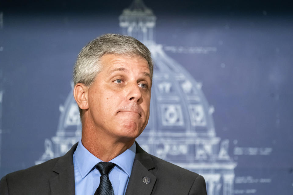 Rep. Steve Drazkowski, R-Mazeppa, speaks during a news conference, Tuesday, July 23, 2019 St. Paul, Minn. The Minnesota state legislator and a conservative group announced that they are seeking ethics investigations into U.S. Rep. Ilhan Omar for a range of alleged offenses. Drazkowski and Judicial Watch both say Omar may have committed immigration fraud by marrying someone they say is her brother. (Glen Stubbe / Star Tribune via AP file)