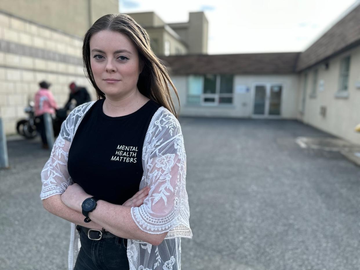 Jacqueline Matthews outside front entrance of Rideauwood Addiction and Family Services, Ottawa, May 4, 2024 (Guy Quenneville/CBC - image credit)