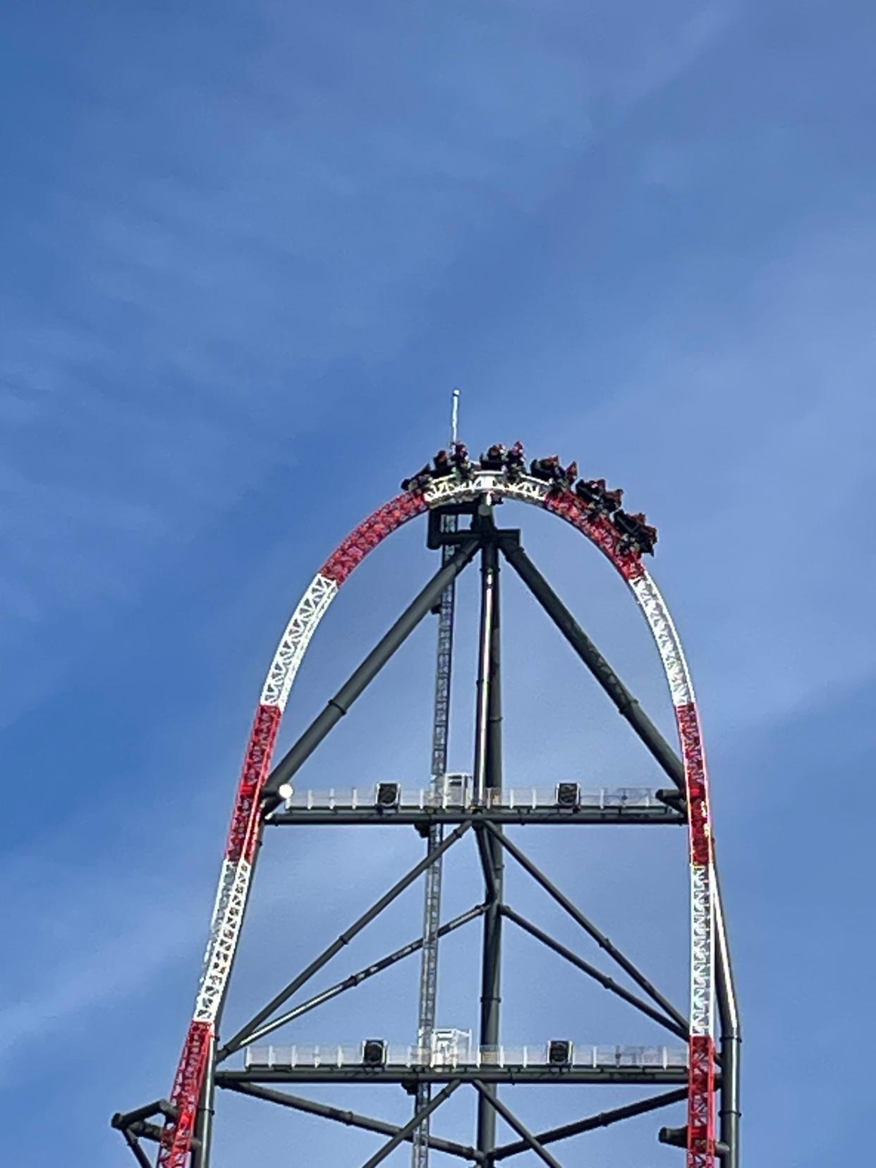 Cedar Point's Top Thrill 2 roller coaster makes its way over the 420-foot-tall hill.